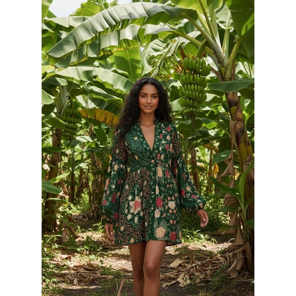 NWT Farm Rio Pineapple Garden in Green Long Puff Sleeve Mini Shirt Dress XS